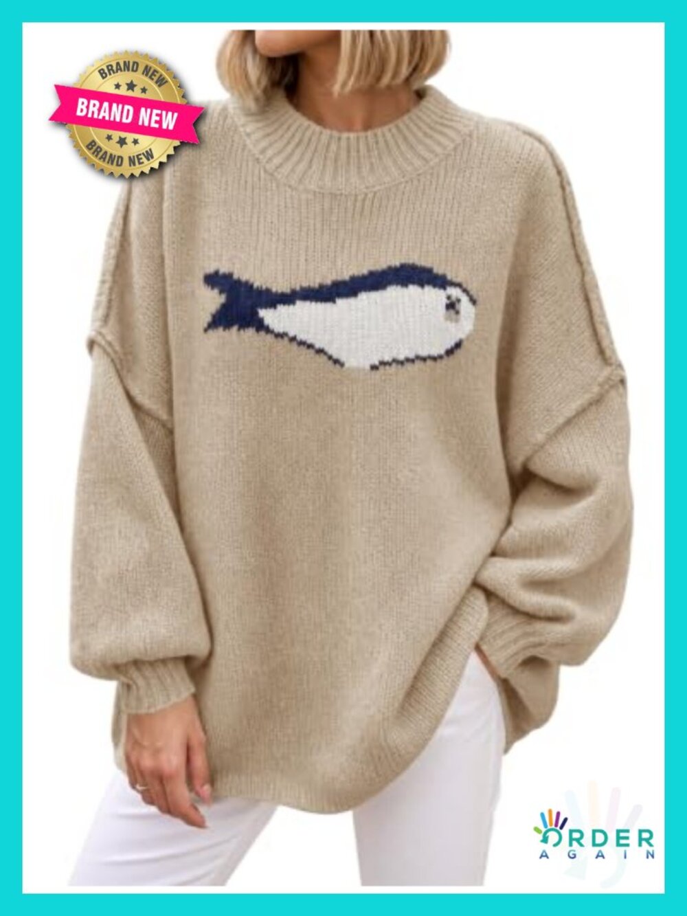 Chunky Knit Mock Neck Oversized Sweater with Fish Graphic